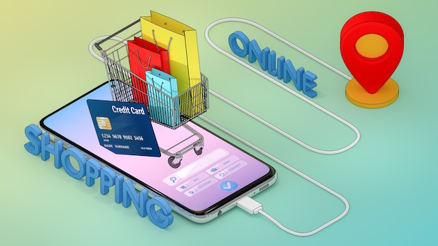 many paper bag and price tag and credit card in a shopping cart with mobile digital city map with red pin pointers.