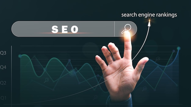 Marketer pointing at search icon and showing SEO concept