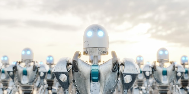 Masse av roboter under en overskyet solnedgangshimmel 3D-gjengivelse