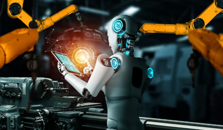 Foto mechanized industry robot and robotic arms for assembly in factory production .