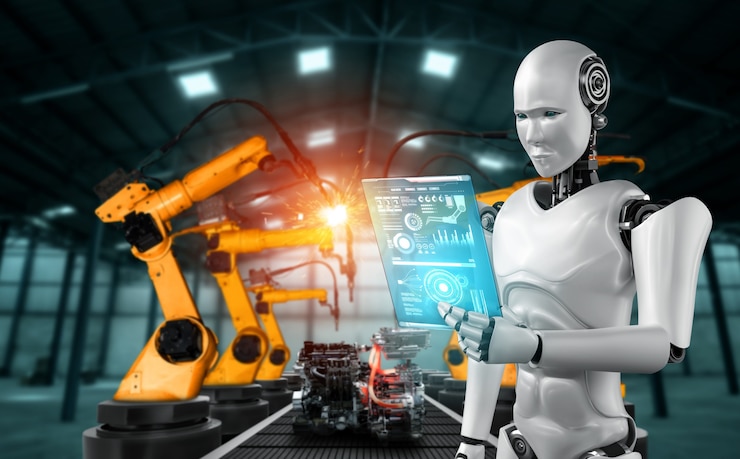 Foto mechanized industry robot and robotic arms for assembly in factory production .