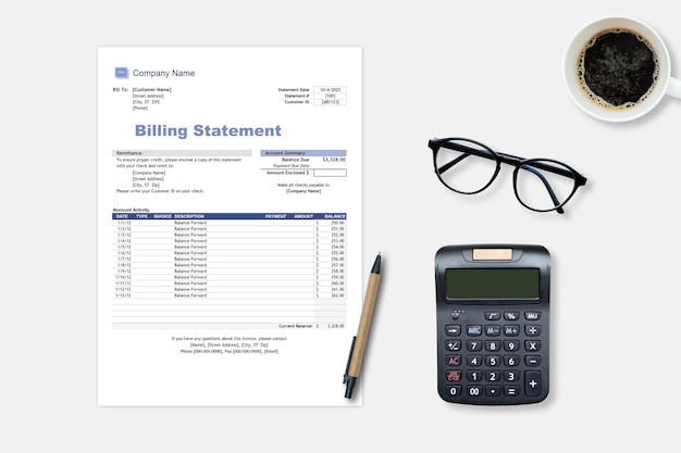 Medical health care billing statement in hospital top view Calculator billing statement for doctors work