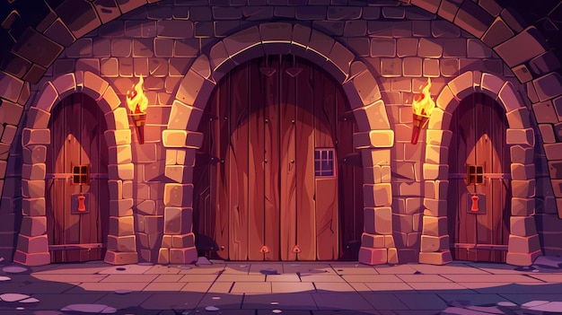 Medieval wooden doors in stone wall with arches and torches with fire Vector cartoon illustration of corridor interior with brick wall and wood gates in ancient dungeon or castle