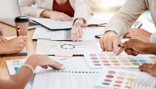 Meeting color palette and people hands in creative project brand development and teamwork with documents review Ideas brainstorming and graphic designer agency or person for choice and decision