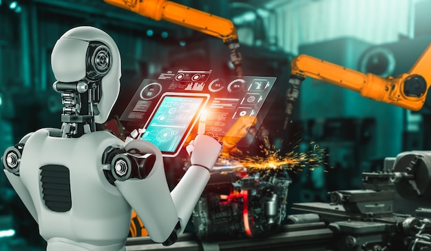 Mekanisert industrirobot og robotarmer for montering i fabrikkproduksjon.
