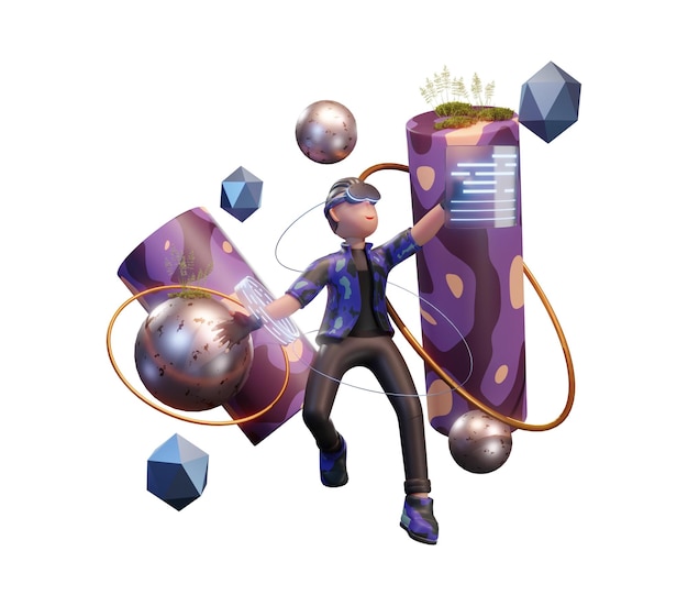 metaverse character 3d with virtual reality device for web app infographic app