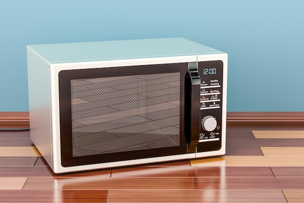 Microwave in room on the wooden floor 3D rendering