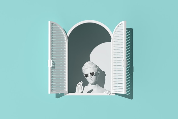 Minimal scene of women sculpture in white window on green wall background, Minimal concept, 3d rendering.