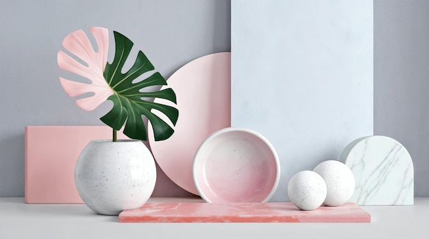 minimalist still life with a monstera leaf and geometric shapes