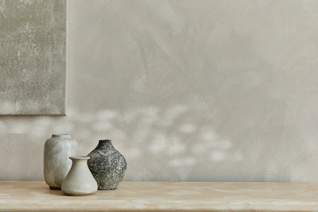 minimalistic monochromatic composition with vases Poster on the wall copy space Template