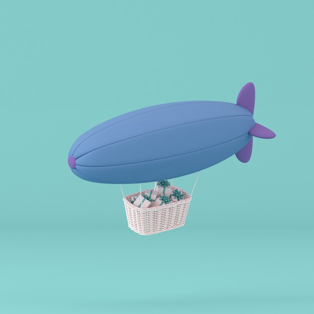 Minimalt konsept av flytende luftskip og gaveeske i kurven på pastellbakgrunn. 3D-gjengivelse.