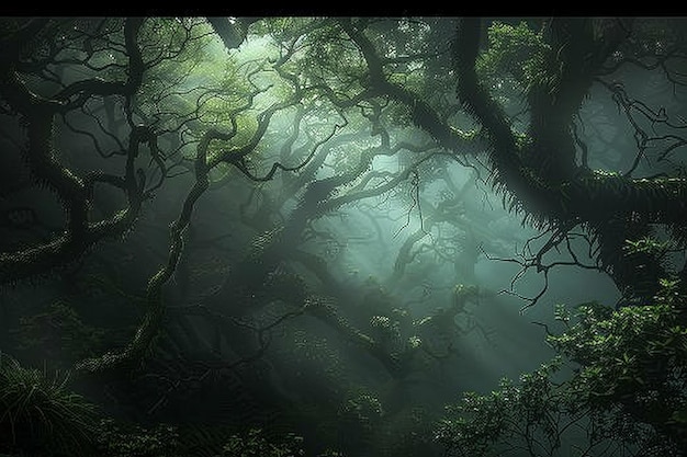 Misty enchanted forest with dense fog creating a mysterious and magical atmosphere with twisted gnarled tree branches