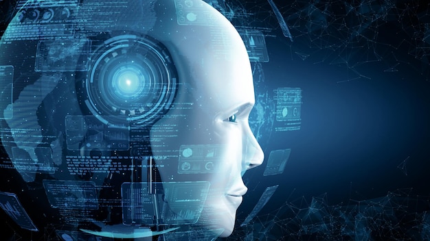 mlp robot hominoid face close up with graphic concept of big data analytic