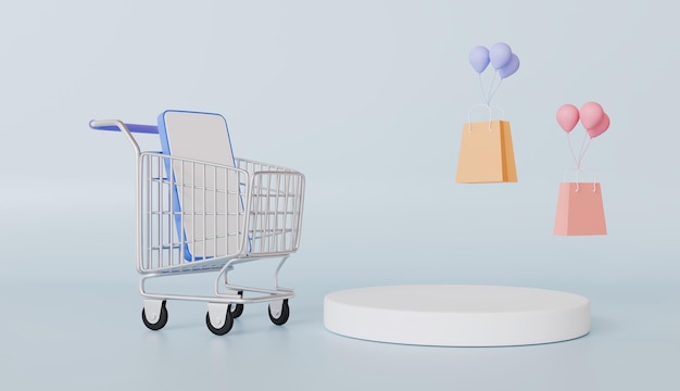 Mobile phone and stage podium empty space smartphone with store front shopping cart