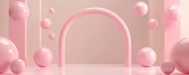 Modern abstract background with pink spheres and arch on pastel podium