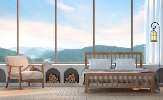 modern bedroom with mountain view 3d renderthere are large window overlooking the mountain