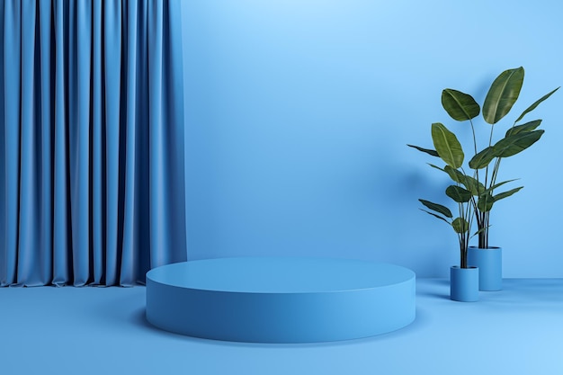 modern blue interior with curtain pedestal decorative plant and mock up place on wall 3d rendering
