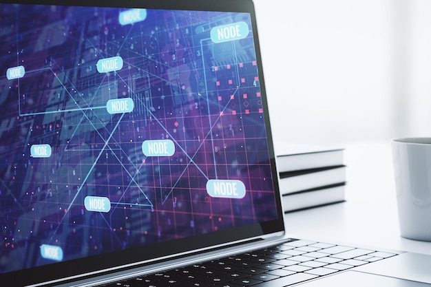 Modern computer display with abstract software development hologram research and analytics concept 3D Rendering