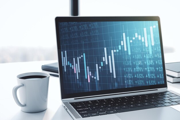 Modern computer monitor with abstract creative financial chart research and strategy concept 3D Rendering