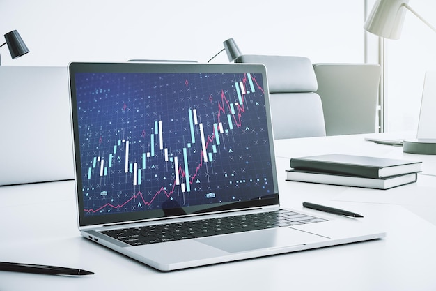 Modern computer monitor with abstract creative financial chart research and strategy concept 3D Rendering