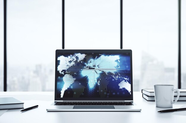 Modern computer monitor with abstract digital world map research and strategy concept 3D Rendering