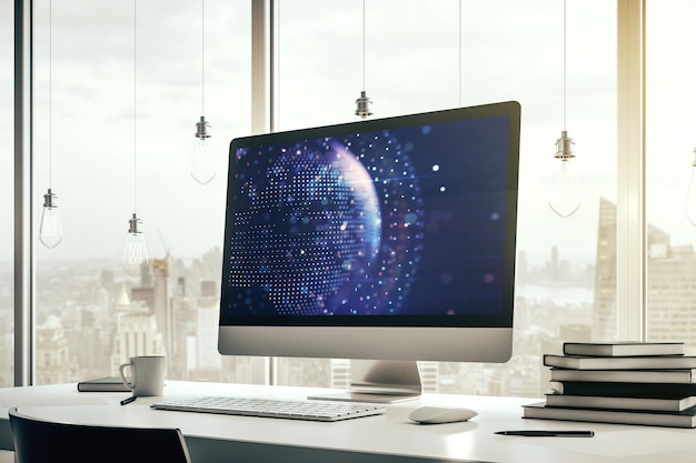 Modern computer monitor with abstract digital world map research and strategy concept 3D Rendering