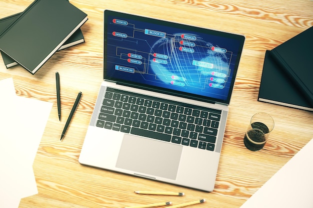 Modern computer monitor with abstract programming language with world map research and development concept 3D Rendering