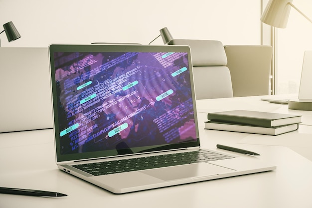 Modern computer monitor with abstract programming language with world map research and development concept 3D Rendering