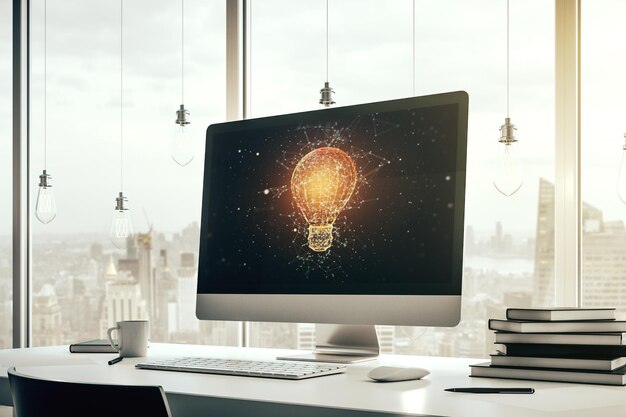 Modern computer monitor with creative light bulb hologram research and development concept 3D Rendering