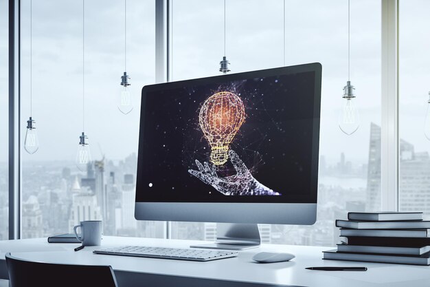 Modern computer monitor with creative light bulb hologram research and development concept 3D Rendering