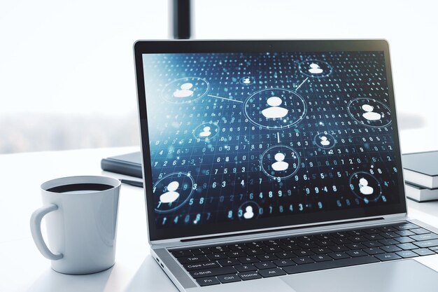 Modern computer monitor with social network icons concept Marketing and promotion concept 3D Rendering