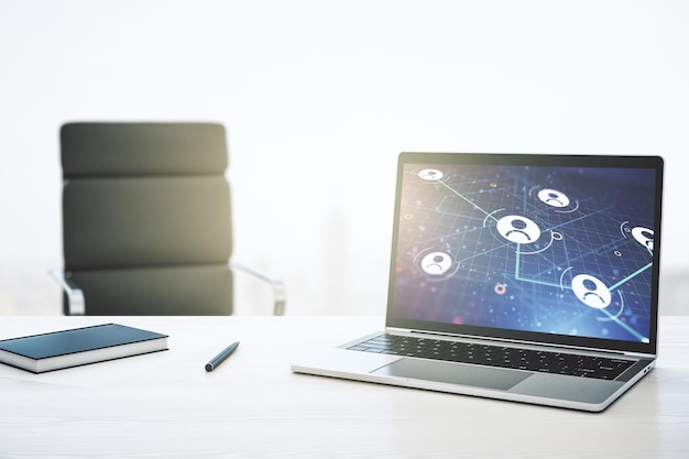 Modern computer monitor with social network icons concept Marketing and promotion concept 3D Rendering