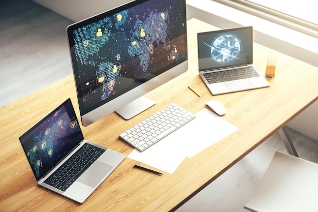 Modern computer monitor with social network icons concept with world map Marketing and promotion concept 3D Rendering