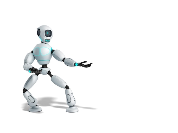 modern concept of product presentation robot points to a thing standing nearby 3d render on white no shadow