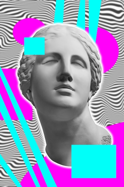 Modern conceptual art colorful poster with ancient statue of bust of Venus. Collage of contemporary art.