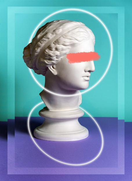 Modern conceptual art poster with green purple colorful ancient statue of Venus de Milo head. Contemporary art collage. Concept of retro wave style posters.