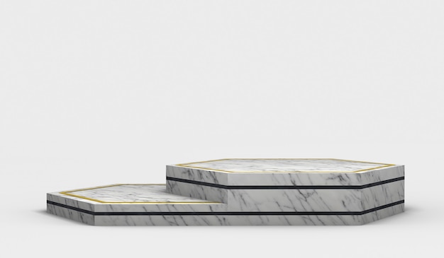 Modern empty hexagonal marble pedestal with black borders and two heights 3D render
