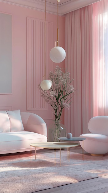 Modern living room in pastel tones Pink interior with soft lighting Clean luxurious design 3D render