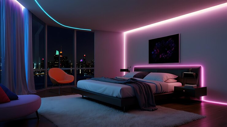 modern living room interior design with neon light perfect for gaming man couple interior lover