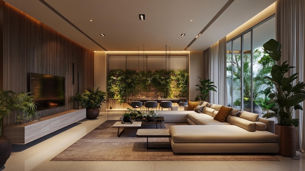 modern living room with natural elements and elegant furnishings