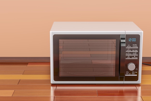 Modern Microwave in room on the wooden floor 3D rendering