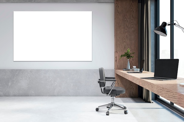 Modern office interior with empty poster wooden desk laptop chair and city view light background creative concept 3D Rendering
