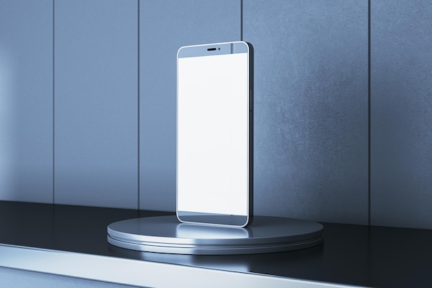 Modern smartphone mockup with blank screen on a sleek stand for presentation purposes in a minimalistic showroom environment 3D Rendering