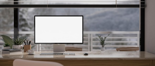 Modern urban home office workspace with computer mockup stationery and decor on table