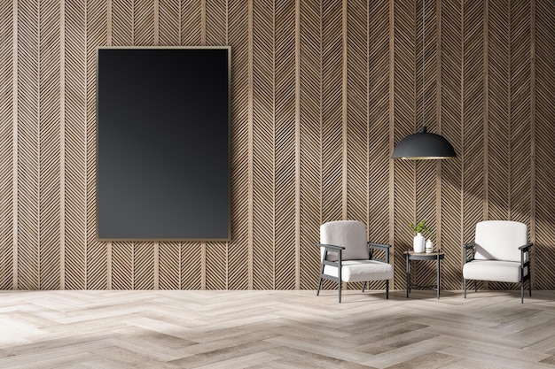 Modern wooden living room interior with sunlight armchairs and coffee table empty black mock up poster on wall Lifestyle concept 3D Rendering