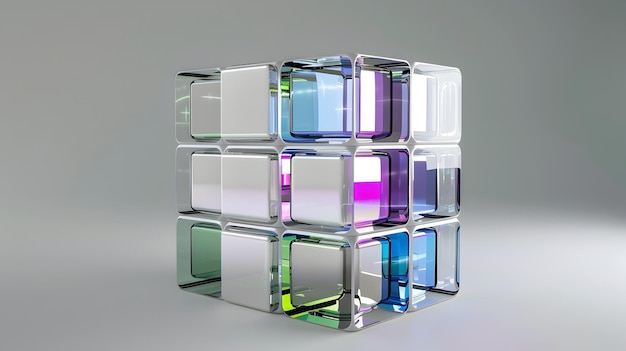 Modular Cuboid with Colored Glass Panels Floating Against Gray Background