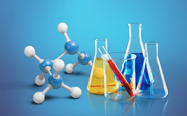 Molecular structure of chemical compounds and organic chemistry concept with glass flask