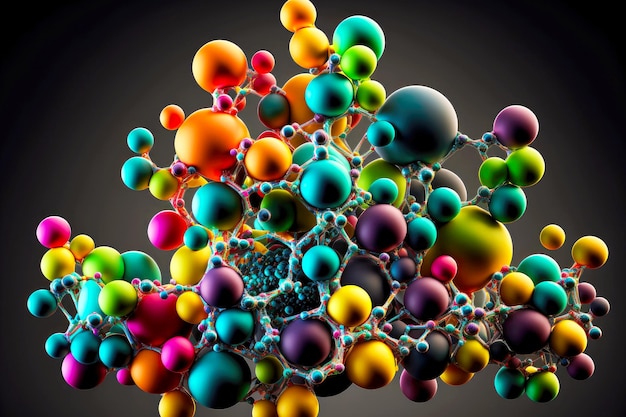 molecule closeup structure consisting of multicolored spheres connected to each other