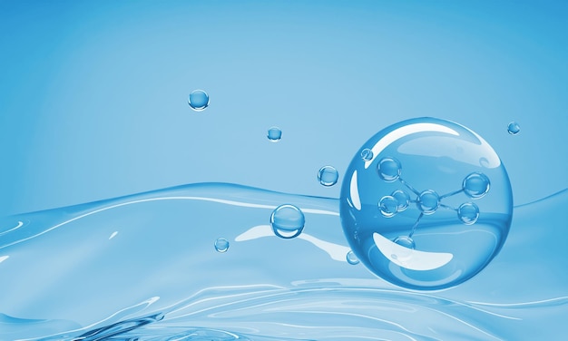 Molecule inside Liquid Bubble on water background Cosmetic Essence Cosmetic spa medical skin care 3d illustration