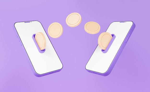 money payments transfer money system online concept finance transaction exchange via application internet banking on two mobile phone cartoon minimal style cash back refund 3d render illustration